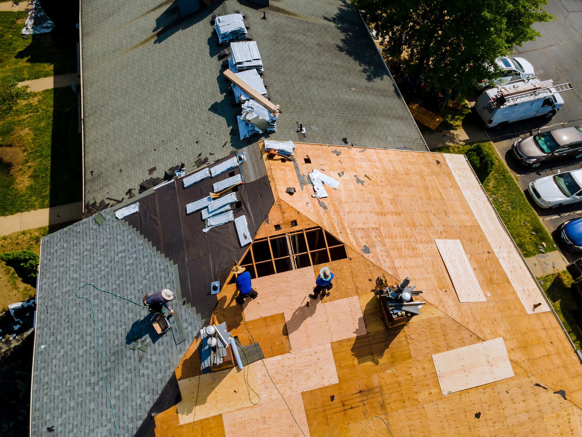 A roof replacement in progress in Baltimore County, Maryland.